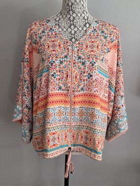 Chico's Coral & Teal Zip-Front Mosaic Tunic